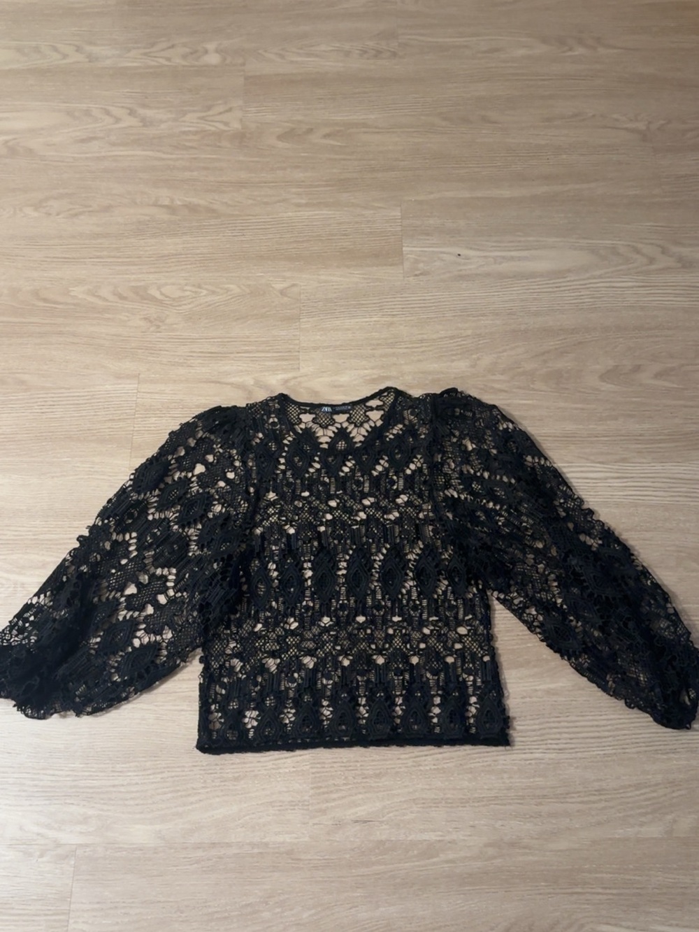 Zara Black Lace Puff-Sleeve Blouse